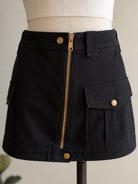 Rebecca Minkoff Black Cargo Mini Skirt | Gold Zip Utility Style | Size 8